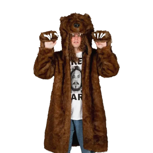 Workaholics Bear Coat - Cozy Brown Hooded Fur Jacket For Fun Style