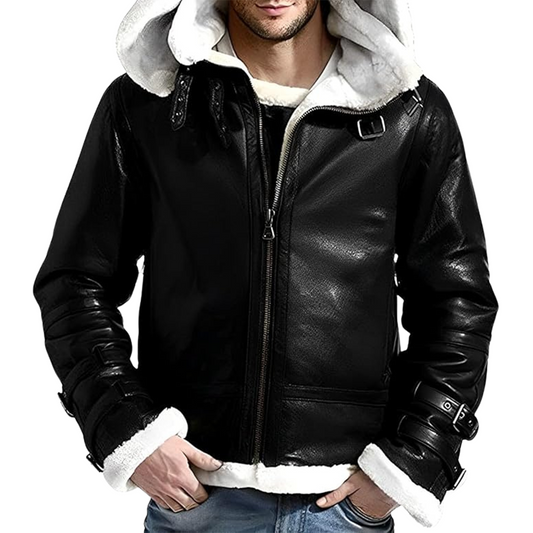 B3 Aviator Pilot Fur Shearling Hoodie Jacket - Stylish Leather Bomber