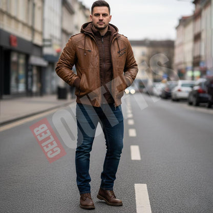 Brown Hooded Leather Jacket